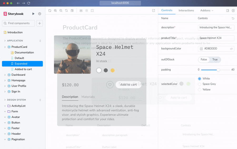Interface do Storybook